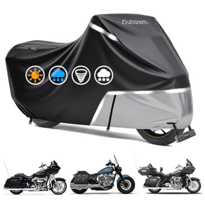 AUTOWN Motorcycle Cover Waterproof Outdoor, 420D Heavy Duty for Touring Bikes with Side Box & Top Case, Rear Zipper Access, Windproof Bike Cover Fits up to 108", Black & Gray - size: XXL: 108"