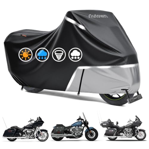 AUTOWN Motorcycle Cover Waterproof Outdoor, 420D Heavy Duty for Touring Bikes with Side Box & Top Case, Rear Zipper Access, Windproof Bike Cover Fits up to 108", Black & Gray - size: XXL: 108"