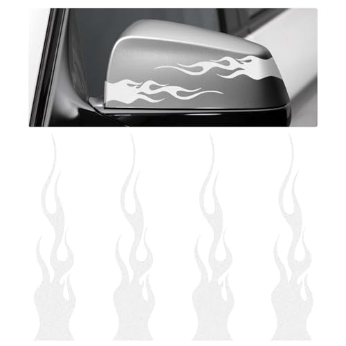 4 PCS Flame Reflective Sticker, 5.9" Waterproof Flame Graphics Decals Car Body Side Safety Decor, Personalized Fire Racing Sports Stripe Stickers for Motorcycle Bike Skateboard (White) - color: White