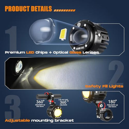 Future Eyes Motorcycle LED Fog Lights, 120W Auxiliary Driving Spotlight, High/Low Beam, Waterproof Off-Road Lights for Night Riding, ATV, UTV, and Motorcycle Headlights