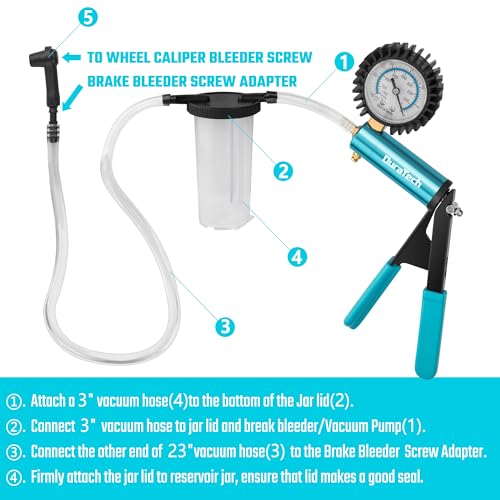 DURATECH 2 in 1 Brake Bleeder Kit, Brake Fluid Bleeder Kit with Metal Handheld Vacuum Pump, Ideal for Automotive, Organized in Portable Case