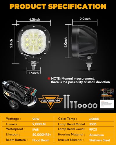 Auxbeam 4 Inch Round LED Light Pods, 90W Offroad Flood White Light Bar, Super Bright 9000LM Driving Work Light with DT Plug Wiring Harness Kit for Truck Boat Pickup ATV UTV SUV-2PCS - color: P4 Series-White Flood Beam