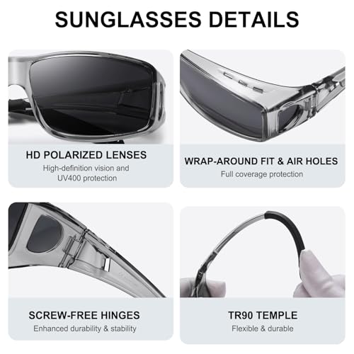 Wzerry Sunglasses Fit Over Glasses Polarized for Men Women, Wrap-Around Glasses UV400 Protection for Driving and Outdoor - color: Black/Grey + Transparent Grey/Grey + Transparent Grey/Blue