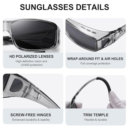 Wzerry Sunglasses Fit Over Glasses Polarized for Men Women, Wrap-Around Glasses UV400 Protection for Driving and Outdoor - color: Black/Grey + Transparent Grey/Grey + Transparent Grey/Blue