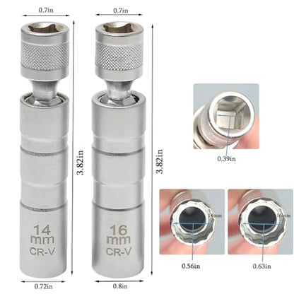 Resze 2PC 14mm&16mm （9/16"&5/8"） Magnetic Swivel Spark Plug Socket,Thin Wall 12 Points 3/8" Drive Spark Plug Socket,Car Tools,Magnetic Rotating,360-Degree Swivel,Suitable for Most Motorcycle,Car,SUV - size: Short 2PC（14+16mm）