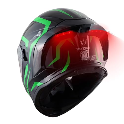 1Storm New Motorcycle Bike Modular Full Face Helmet Dual Visor Sun Shield with Rechargeable LED Tail Light: LED-X90 Arrow Green - color: Arrow Green LED Light, size: Small