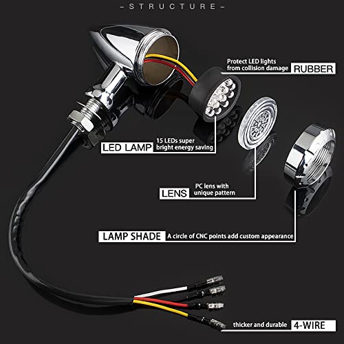 Motorcycle LED Turn Signals Bullet Blinker Heavy Duty Indicator Lights Amber Lens Universal for Harley Davidson Honda Yamaha Suzuki Kawasaki (Chrome-4wire) - color: Chrome-4wire