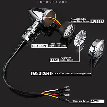 Motorcycle LED Turn Signals Bullet Blinker Heavy Duty Indicator Lights Amber Lens Universal for Harley Davidson Honda Yamaha Suzuki Kawasaki (Chrome-4wire) - color: Chrome-4wire