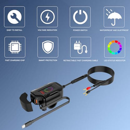 Motorcycle USB Charger, Retractable Type-C & Dual USB Fast Charging, Independent Switch, 3-in-1 SAE to USB Adapter with 1.5m Extension, LED Voltmeter, Waterproof for Dirt Bike, ATV, UTV