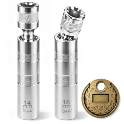 14mm&16mm Magnetic Swivel Spark Plug Socket Set- Thin Wall 3/8" Drive 12 Point Standard Spark Plug Sockets Removal Tool - CR-V Steel Made For Motorcycle, Car, SUV, BMW, Nissan, Mini, Mercedes (Silver) - color: Silver