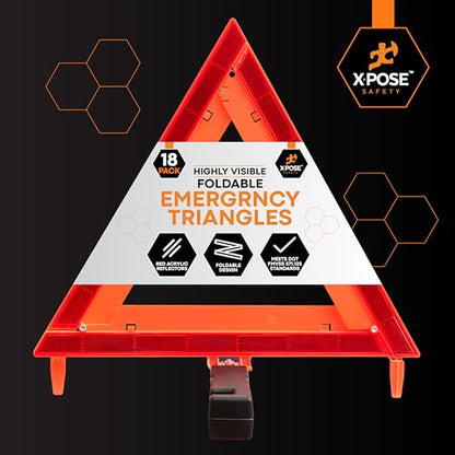 Xpose Safety Reflective Emergency Triangles – 18 Kits (54 Triangles) – DOT Approved Roadside Car Safety Warning Reflectors – Red & Orange Automotive Vehicle Hazard Visibility Markers - size: 18 Packs