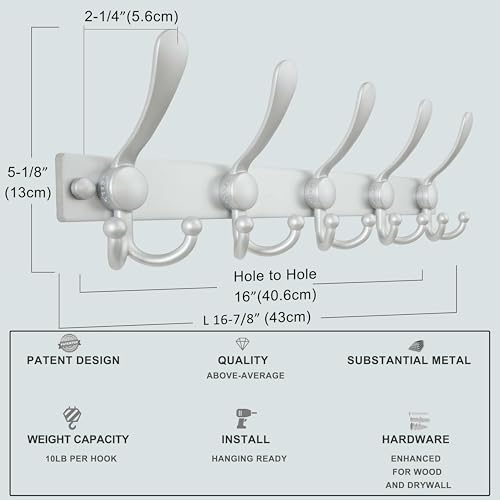 Dseap Coat Rack Wall Mount, Heavy Duty 12-Gauge Base vs Flimsy 1mm, Double-Thick Solid Anti-Snap Hooks, 16” Stud-Mount, Stainless Steel Hanger for Clothes Hat Entryway Closet Mudroom, Silver - color: Silver, size: L=17" (1pcs)