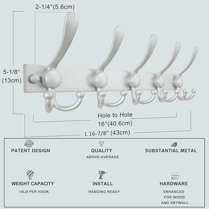 Dseap Coat Rack Wall Mount, Heavy Duty 12-Gauge Base vs Flimsy 1mm, Double-Thick Solid Anti-Snap Hooks, 16” Stud-Mount, Stainless Steel Hanger for Clothes Hat Entryway Closet Mudroom, Silver - color: Silver, size: L=17" (1pcs)