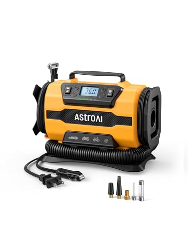AstroAI Tire Inflator Portable Air Compressor, 150PSI 12V DC/110V AC Air Pump with Dual Metal Motors & LED Light, Two Modes for Car Tires, Bikes, Air Mattresses & Home Use, Compact Design, Yellow