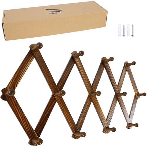 AMAPON Accordion Style Expandable Wall Wooden Coat Rack 13 Hooks (Pegs) Hang Hats Jackets Coffee Mug Purses Necklaces Towels Cap Leash Scarves Data Line Kitchenware (Walnut) - color: Walnut Large Size, size: 1 Pack