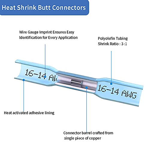 200 Pcs Blue Heat Shrink Butt Connectors, 16-14 AWG Waterproof Electrical Crimp Terminal Splice Wire Connectors for Marine, Automotive, Cable, Wiring - size: 16-14 AWG
