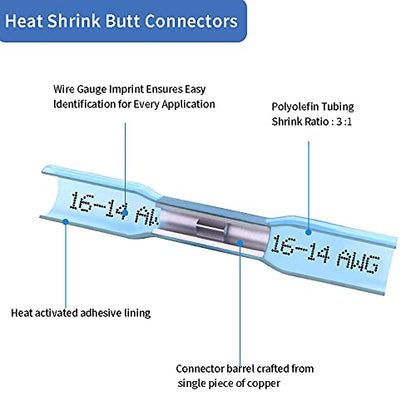 200 Pcs Blue Heat Shrink Butt Connectors, 16-14 AWG Waterproof Electrical Crimp Terminal Splice Wire Connectors for Marine, Automotive, Cable, Wiring - size: 16-14 AWG