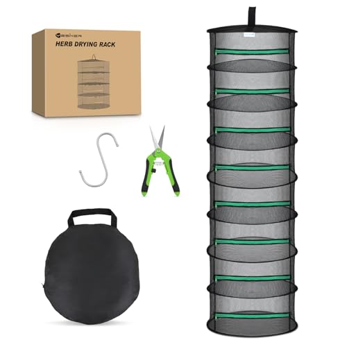 Yesker 8 Layer Herb Drying Rack Hanging Mesh Net Foldable Plant Drying Racks 24" w Green Zipper Pruning Shears Hook Dryer Hanging Rack for Herbs Seed Bud Fruit Clothes Grow Tent Closets Garden Outdoor - size: 8 Layers Green & Black