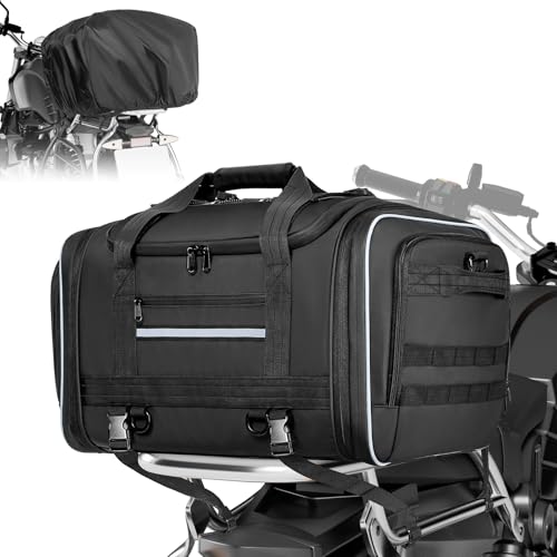 Marscamd Waterproof Motorcycle Tail Luggage Bag, 48L-64L Expandable, a Rain Cover Included, Bag with 4 Rack Mount Straps and Multiple Pockets - Black