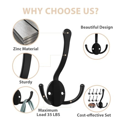Homanu 8 Pack Coat Hooks Heavy Duty, Metal Three Prongs Large Coat Hooks Wall Mounted with 16 Screws, No Rust Black Rustic Wall Hooks for Hanging Towel, Coat, Scarf, Bag, Hat, Cup, Key - color: 8 Pcs Black