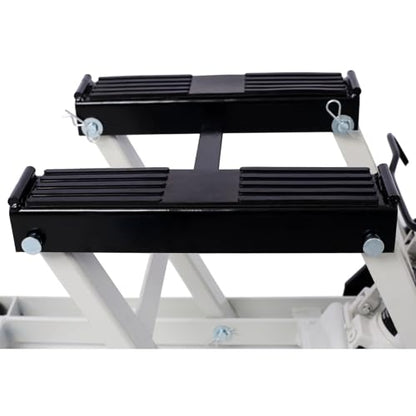 Hydraulic Motorcycle Lift Jack 1500 LBS Capacity ATV Scissor Lift Jacks Portable Motorcycle Lift Table Powersports Stands with 4 Wheels and Hydraulic Foot-Operated Hoist Stand with 4 Tie Down