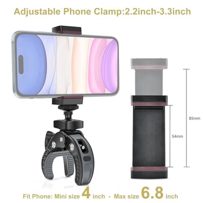 UTEBIT Camera Mount Clamp, Umbrella Clamp Motorcycle Camera Pole Mount Desk Holder Accessories, 360° Ballhead 1/4" Thread Holes with Phone Tripod Mount, Super Clamp for Gopro/DSLR/Stabilizer - color: Black