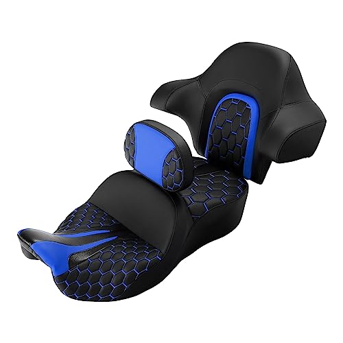 Extended Reach & Max Profile Seat Gel Rider Cushion with Rider Backrest and King Tour Pack Trunk Backrest Pad fit for Harley Touring Road King Street Glide Road Glide Electra Glide 09-2023 Black Blue - color: Gel Style A Blue Seat + 2 Backrest