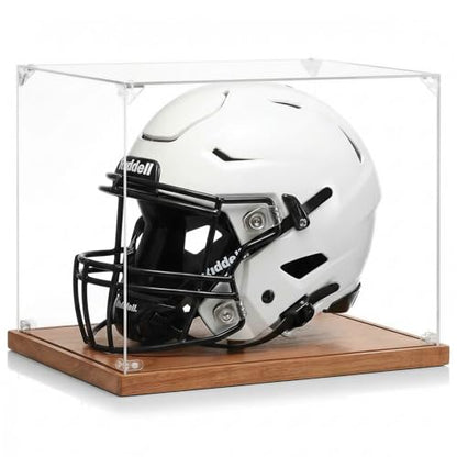 Football Helmet Display Case, Full Size Acrylic Baseball Motorcycle Helmet Showcase, UV Protection Collectibles and Souvenirs Box with Solid Wood Base and Stand, Ideal Gift for Sports Fans - size: 17.2ln×13.4ln×1.5