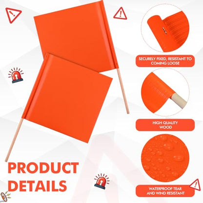 Tegeme 20 Pcs 18 Inch x 18 Inch Orange Safety Flags, Safety Caution Warning Flags with 30” Wooden Staff for Construction Sites Truck Wide Load Traffic Flagger Trailer Pedestrian Crossings Roof Work
