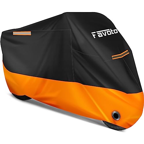 Favoto Motorcycle Cover Universal Heavy Duty Oxford Fabric with Lock-Hole 3 Night Reflectors Windproof Buckles Carrying Bag Waterproof Rain Dust Sun Outdoor Protection, Black-Orange, 104 inch - color: Orange, size: 104"