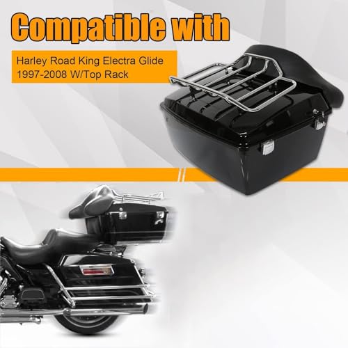 ECOTRIC Luggage Trunk Compatible with 1997-2013 Harley Road King Electra Glide Road Glide Street Glide King Motorcycle Trunk W/Top Rack - color: Black, size: King Tour Pack W/ Backrest Pad & Top Rack