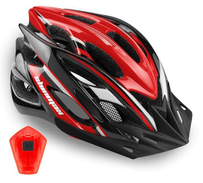 Bike Helmet Men Women, Shinmax Bicycle Helmet with Rear Light and Detachable Visor - color: Black/Red/White, size: Large (57-62 cm)
