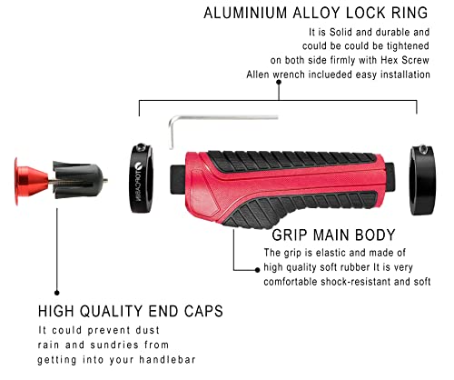 TOPCABIN Ergonomic Bike Grips - Widen Holding Rubber Grips with Aluminum LockGrips for Mountain & Road Bikes - color: Knife Style, Red/Black (Aluminum Lock Plug)1 Pair