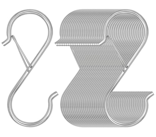 Waitkey 32 Pack S Hooks for Hanging, 3.5 inch Heavy Duty Metal S Hooks with Safety Buckle S Shaped Hooks Pot Rack Closet Hooks for Hanging Plants, Clothes, Kitchen Utensil, Pots, Pans, Bags (Silver) - color: Silver, size: 32 Pack