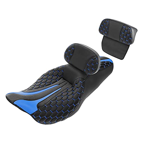 SLMOTO Rider Passenger Seat Driver Sissy Bar Passenger Backrest Pad for Harley Touring Road King Street Electra Road Glide 2014-2023 Black Blue One-Piece Seat Cushion Set - color: Blue + 2 Backrest SP