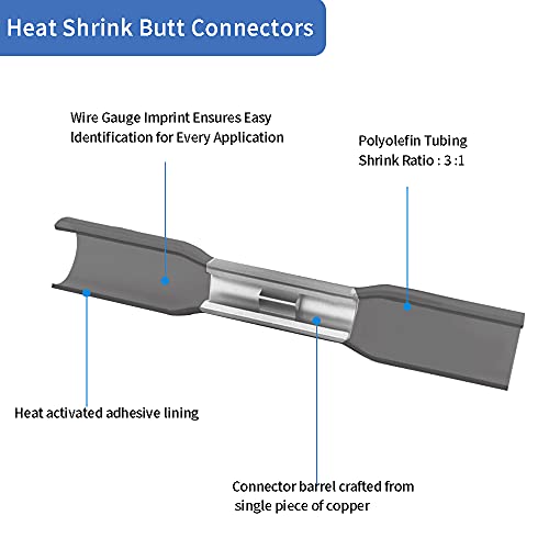 100 Pcs Black Heat Shrink Butt Connectors, 14-12 AWG Marine Grade Heat Shrink Wire Connectors, Tinned Copper, Waterproof Insulated Crimp Butt Splice Automotive Electrical Connectors - size: 14-12 AWG
