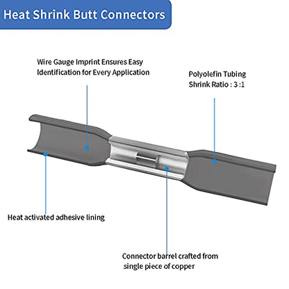 100 Pcs Black Heat Shrink Butt Connectors, 14-12 AWG Marine Grade Heat Shrink Wire Connectors, Tinned Copper, Waterproof Insulated Crimp Butt Splice Automotive Electrical Connectors - size: 14-12 AWG