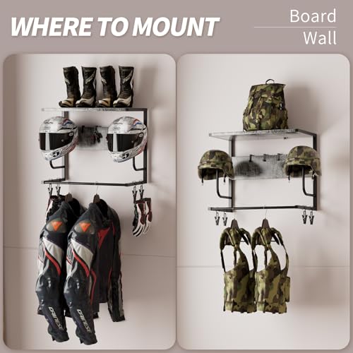 Motorcycle Helmet Holder Wall Mounted, Helmet Holder Wall Mount with Helmet Rack, Motorcycle Helmet Rack for Most of Helmet and Clothes - color: Grey