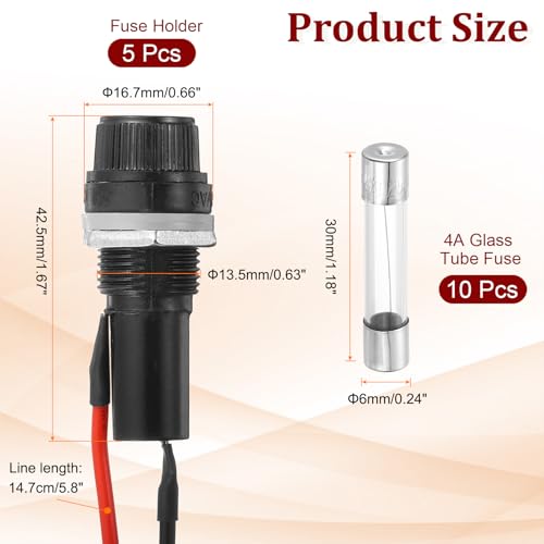 MECCANIXITY 5 Pcs Panel Mount Fuse Holder, 10/15A AC 125/250V 6 x 30mm Fuse Spade Terminal Screw Cap Fuse Holders with Pre-Soldered Wires and 4A Glass Tube Fuses - size: 6X30mm, style: 4A