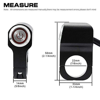CNC Aluminum Motorcycle Handlebar Switch for 7/8" Bars, 12V 10A ON-Off Switch with Waterproof Rocker & LED Light (Red) for Fog Lights, Horn, Headlight