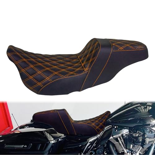One-Piece Driver Passenger Seat Motorcycle 2-up Seat Fit for Harley Touring Electra Glide Road King Road Glide Street Glide 2009-2023 (Orange Stitching) - color: Orange Stitching Without Backrest