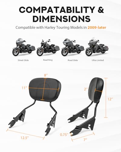 PBYMT Detachable Passenger Backrest, Quick Release 2-up Sissy Bar Fit for Harley Davidson Touring Street Glide Road Glide Road King Electra Glide 2009-2024, Gloss Black - color: Black