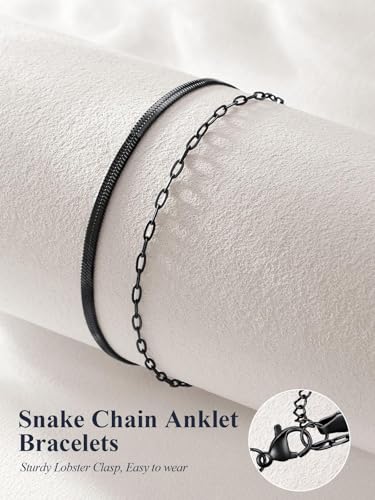 U7 Silver/Gold Ankle Bracelets for Women Layered Chain Anklets Stainless Steel Waterproof Summer Beach Anklet Cham, Adjustable 8.5"-10.5" - color: Black - Flat Snake Chain+Paperclip Chain