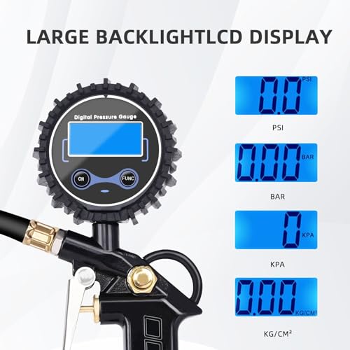 Tire Pressure Gauge with Inflator, 250 PSI Air Chuck and Compressor Accessory, Heavy Duty, with Quick Connector, 0.1 Display Resolution, Car, Motorcycle, SUV, Truck, RV Accessory