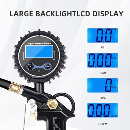 Tire Pressure Gauge with Inflator, 250 PSI Air Chuck and Compressor Accessory, Heavy Duty, with Quick Connector, 0.1 Display Resolution, Car, Motorcycle, SUV, Truck, RV Accessory
