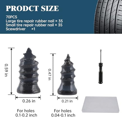 70 PCS Tire Repair Rubber Nail Kit, Screw in Tire Plugs Spiral Rubber Nails, Self Service Puncture Repair Tool for Car, Truck, Motorcycle, Tractor - size: 70PCS