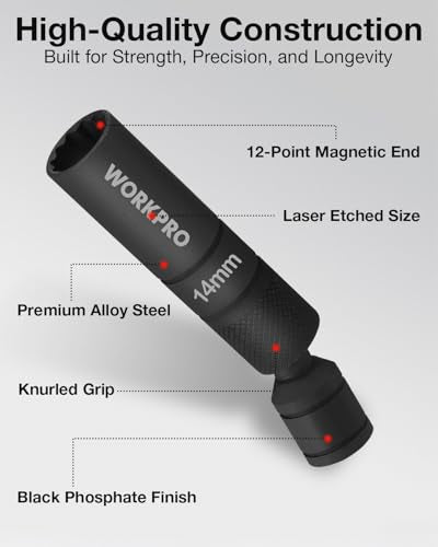 WORKPRO 14MM Swivel Magnetic Spark Plug Socket 12-Point, 1mm Thin Wall Socket, 360 Swivel, 3/8" Drive x 4", Black Phosphate Finish, Anti-Slip Knurled Grip - size: 14MM×3/8"×4"