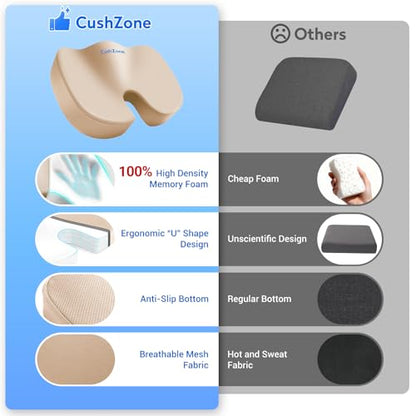 CushZone Seat Cushion, Office Chair Cushions, Car Seat Cushion, Non-Slip Sciatica & Back Coccyx Tailbone Pain Relief Chair Pad, Memory Foam (Khaki) - color: Khaki, size: Large