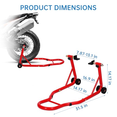 Motorcycle Front & Rear Stand Combo, Universal Wheel Lift Paddock Stand with Prong Adapters+L Adjustable Swingarm Spool, 900 LB Capacity Heavy Duty for Most Bikes,Red - color: Red