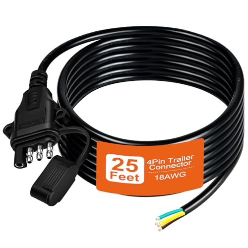 18AWG 25FT 4 Pin Trailer Connector Pure Copper 4 Pin Trailer Wiring Harness Jacketed Cable Heavy Duty Male Extension Wiring Harness 4 Wire 4-Flat Connector 4 Way Flat Plug with Dust Cover - size: 25 Ft 18AWG